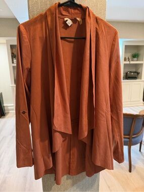 Simply Noelle Faux Suede Open Front Waterfall Draping Jacket Rust Terracotta S/M